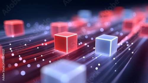 Abstract Futuristic Digital Economy Concept with Glowing Cubes and Flowing Light Trails on Dark Background