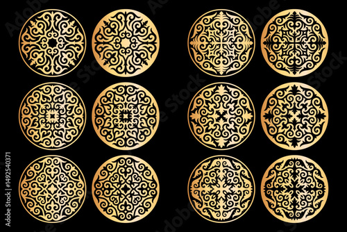 Vector Set of different gold ornaments in Kazakh style isolated on a black background. Round decor in two variant the positive and negative. Elements of the national pattern of the ancient nomads