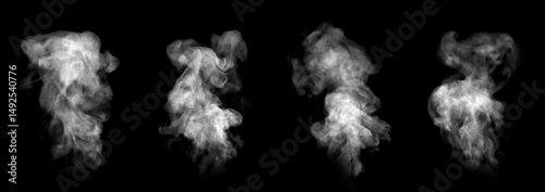 Close-up photo set of abstract white smoke or vapor floating on black background. Fog and cloud effect for air pollution design. Smog elements	
