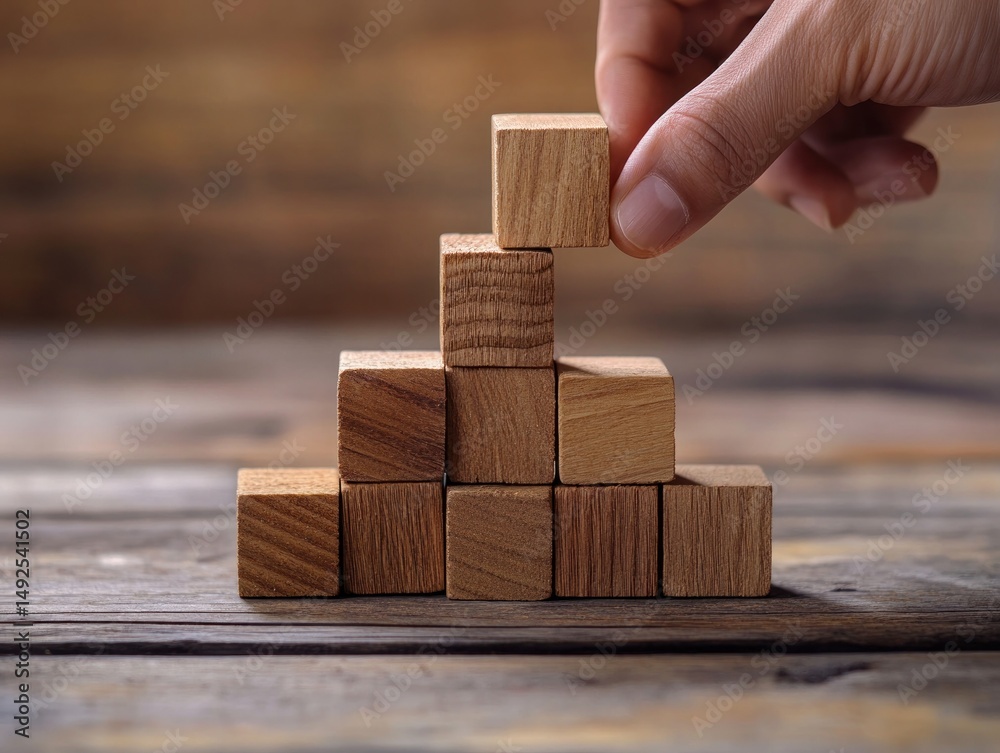 Hand placing wooden block on a step like structure