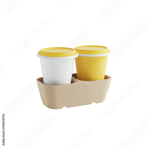 Two cups with yellow lids in a cardboard carrier on transparent background