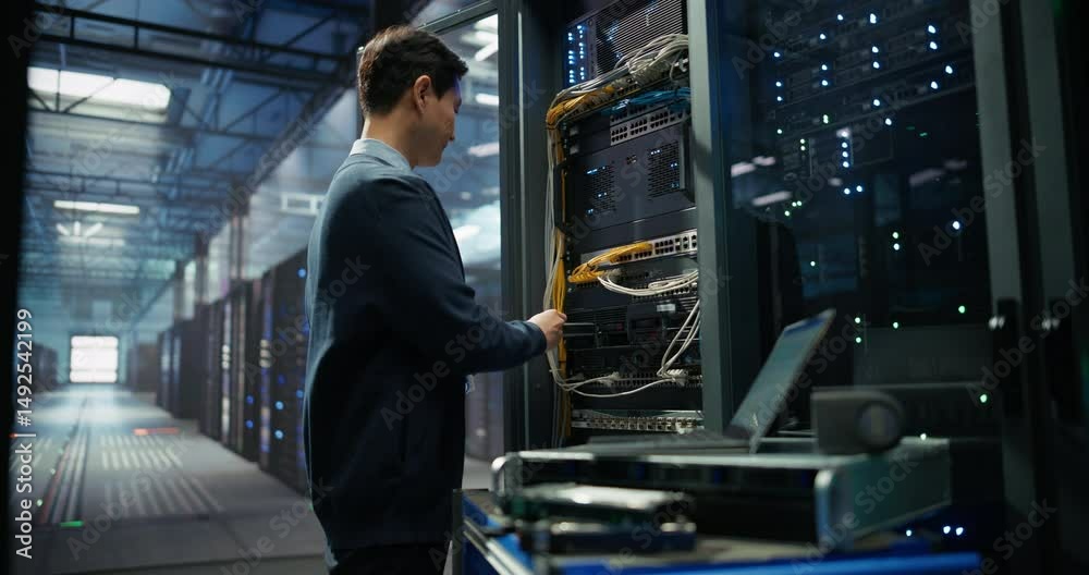Asian Server Technician Installing Additional Hardware into a Server Cabinet in a Data Center. Focused Specialist Inserting Hard Drives in Order to Increase Storage, Memory and Compute Power
