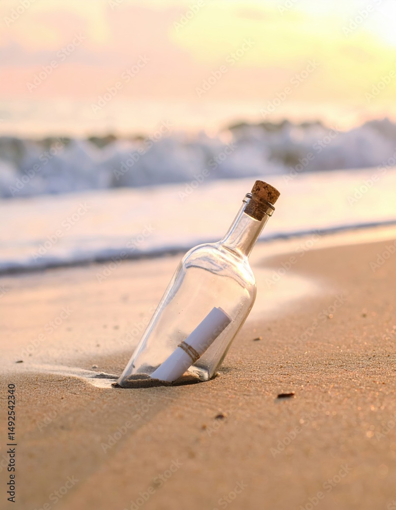 Message in a bottle on sandy beach at sunset with ocean waves Message in a bottle on sandy beach at sunset with ocean waves