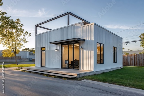 Stunning Small Office Building Featuring Bright White Exterior and Sleek Steel Accents