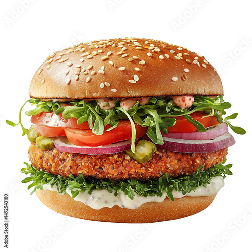 A delicious looking burger with fresh ingredients on transparent background