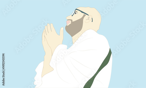 A Pilgrim Muslim Man Praying in Religious Devotion at Mecca in front of the Kaaba, Pilgrim Vector.
