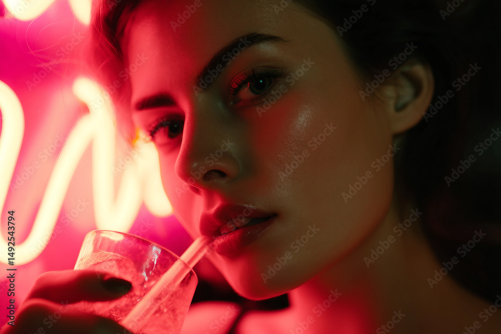 Fototapeta premium Generative AI image of person relaxing in water under neon lights during night pool party vacation with friends chilling and enjoying summer vibes