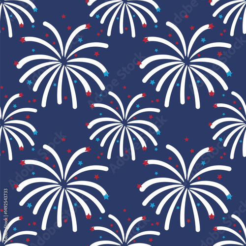 Patriotic Fireworks Seamless Pattern. 4th of July, USA Independence day, Americana Backdrop. Vector Template For Fabric, Textile, Wallpaper, Wrapping Paper