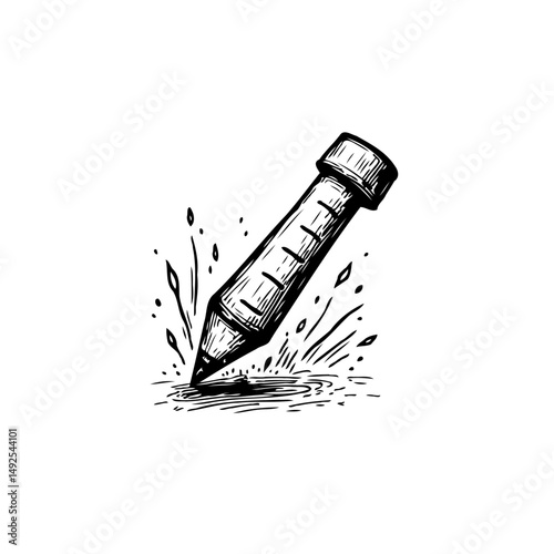Monochromatic ink illustration of a pencil erupting from a creative surface
