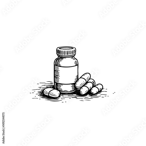 Hand-drawn medicine bottle with scattered capsules for health illustration