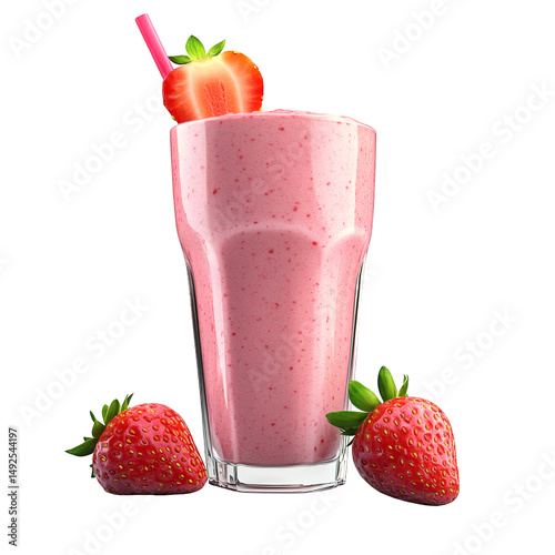 A glass of strawberry smoothie with fresh fruit near on transparent background