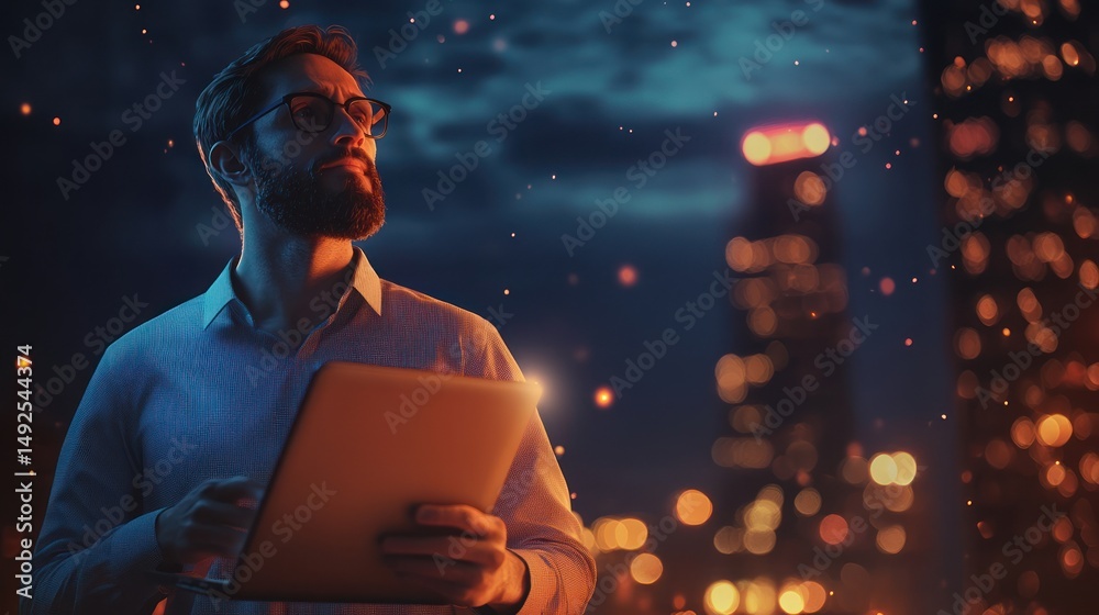 Man using tablet at night in urban city background
