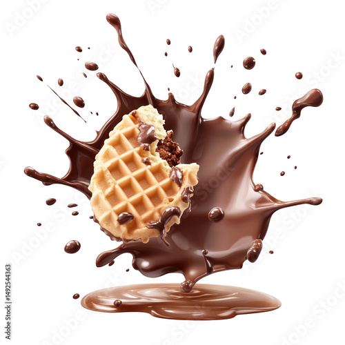 A waffle with chocolate splash on a black background on transparent background