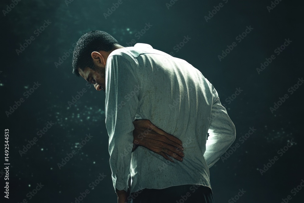 Man experiencing back pain in dark room