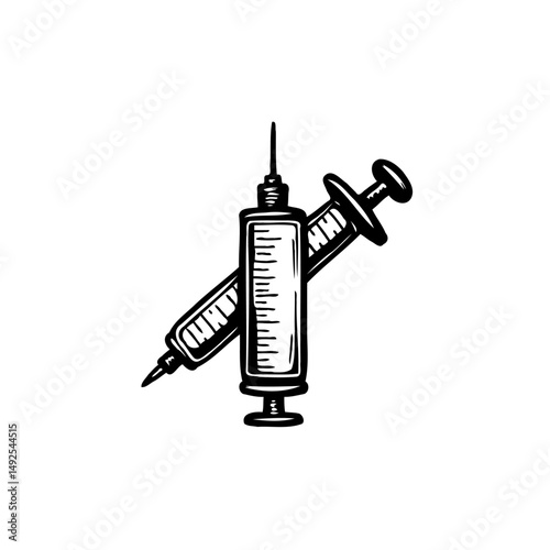 Monochrome vintage illustration showcasing stacked syringes on a stark white backdrop