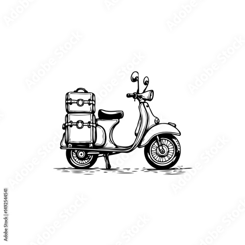 Vintage scooter illustration with luggage, evoking classic travel and adventure