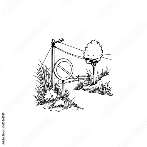 Stylized monochrome illustration: barred access point alongside grassy footpath