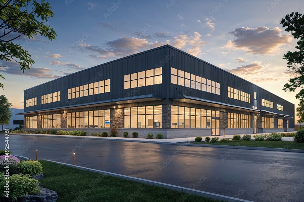 Obraz premium Exterior Perspective of a Key Distribution Center Featuring Modern Office Suite with Innovative Design and Abundant Window Installations
