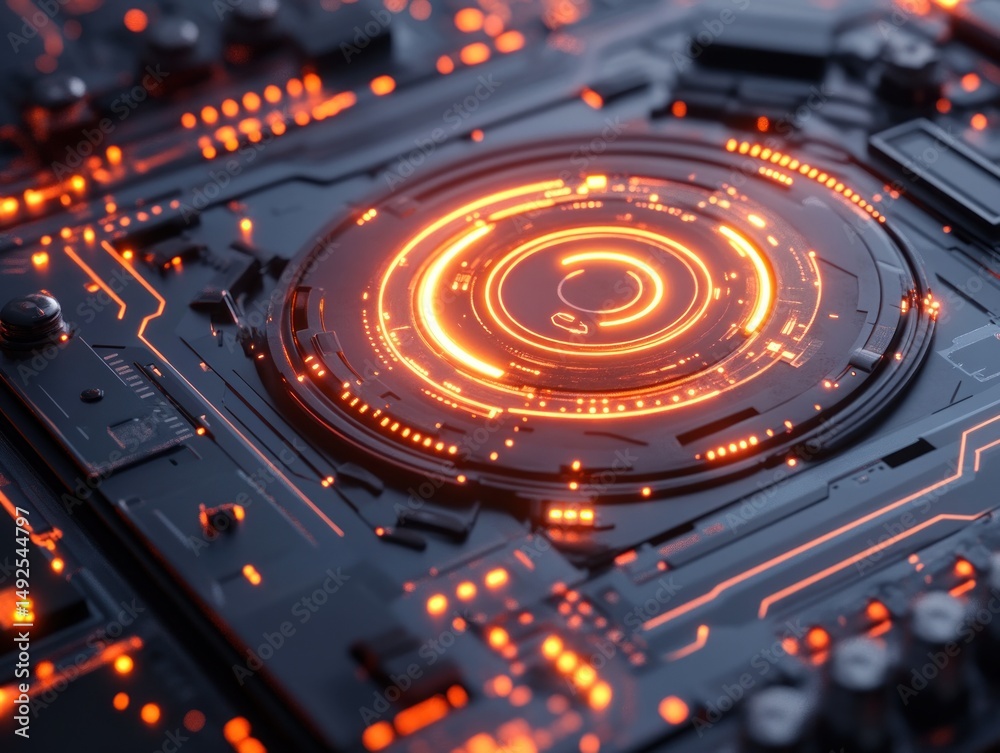 Glowing orange circuits on futuristic tech surface