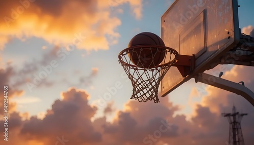 A basketball going through the hoop during golden hour, with warm sunset tones casting long shadows, glowing clouds in the background, and the net glowing in the soft orange light.
