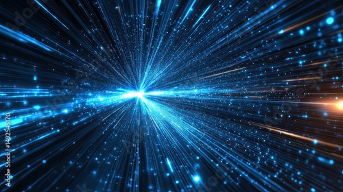 Abstract blue light streaks radiating from a central point in a dark background space scene