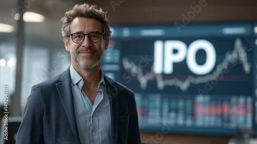 IPO Success: An investment guru stands confidently before a stock chart, highlighting the crucial IPO event with a look of experience and skill.