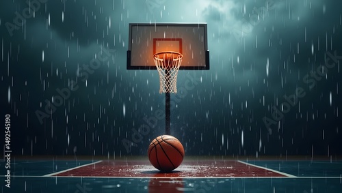 A basketball resting on a wet court, with raindrops falling around it, creating a reflective surface.