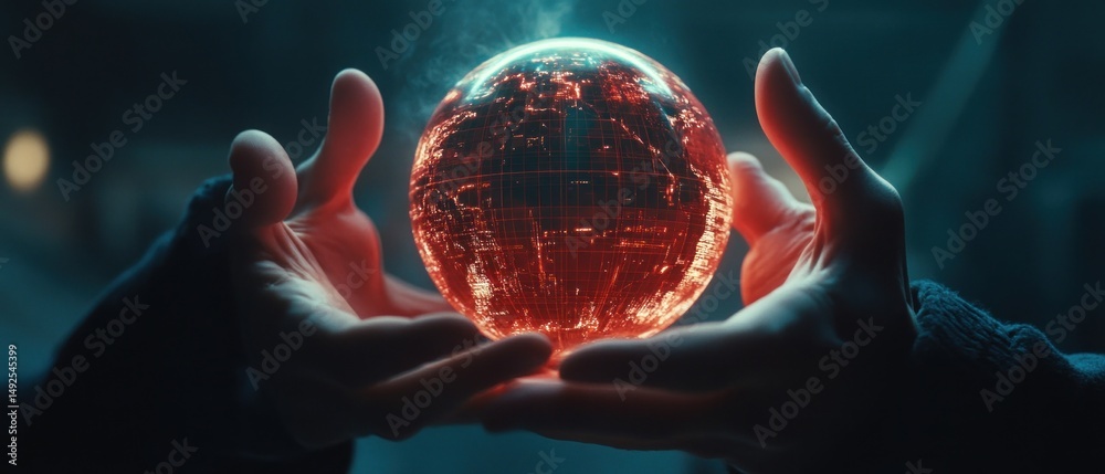 Glowing earth in hands at night