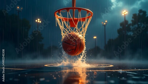 A basketball resting on a wet court, with raindrops falling around it, creating a reflective surface.
