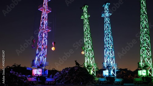 Colorful lights illuminate towering cranes against a night sky in an industrial setting. A silhouette of a deer stands among the machinery, creating a striking contrast