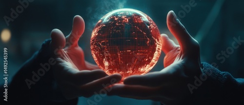 Obraz na płótnie Glowing earth in hands at night w salonie