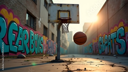 A gritty, urban street basketball hoop with a ball swishing through the net, graffiti walls in the background, dramatic shadows and lens flare from a low sun angle.