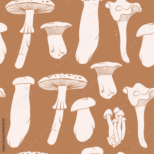 Various types of white Mushrooms. Forest wild edible mushrooms. Hand drawn modern Vector illustration. Autumn mood, vegetarian, organic food concept. Square seamless Pattern, background, wallpaper