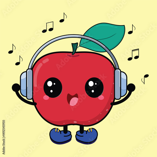 Cute And Sweet Apple Cartoon Listening To Music Happily Clipart Illustration