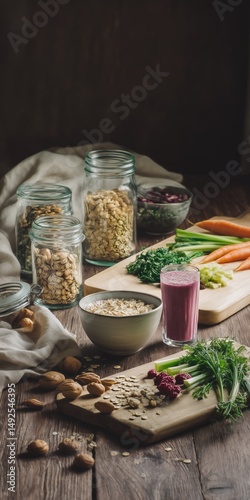 A wholesome breakfast spread featuring a plate of fresh bread topped with scrambled eggs, accompanied by pineapple chunks and a refreshing glass of orange juice. In the background, vibrant fruits like