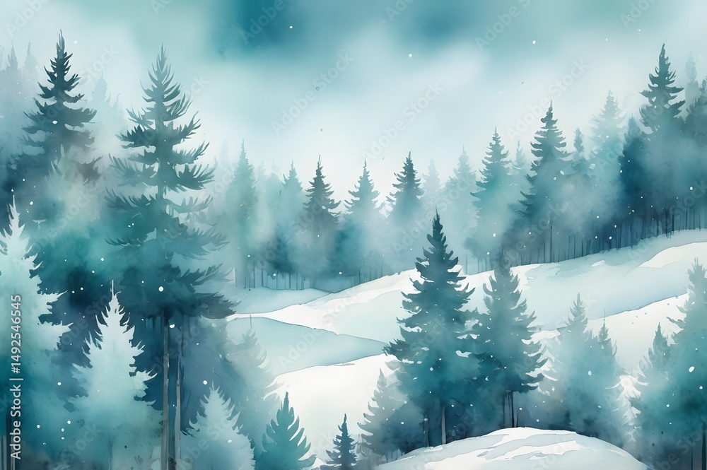 Fototapeta premium Misty Snowy Forest – Watercolor Winter Landscape with Evergreen Trees