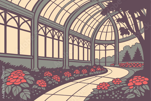 172 victorian conservatory, glass arched roof, ornate interior, beautiful garden architecture, vibrant floral displays, intricate pathway, natural landscape, dramatic lighting, cinematic mood