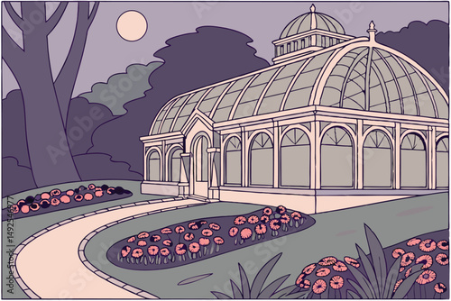 172 victorian conservatory, glass arched roof, ornate interior, beautiful garden architecture, vibrant floral displays, intricate pathway, natural landscape, dramatic lighting, cinematic mood