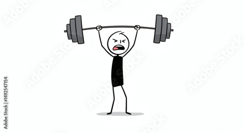 Angry Stick Figure Weightlifter Overcoming Challenges, Strength, Determination