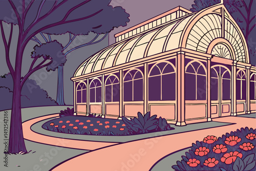 172 victorian conservatory, glass arched roof, ornate interior, beautiful garden architecture, vibrant floral displays, intricate pathway, natural landscape, dramatic lighting, cinematic mood