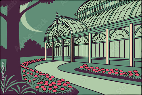 172 victorian conservatory, glass arched roof, ornate interior, beautiful garden architecture, vibrant floral displays, intricate pathway, natural landscape, dramatic lighting, cinematic mood