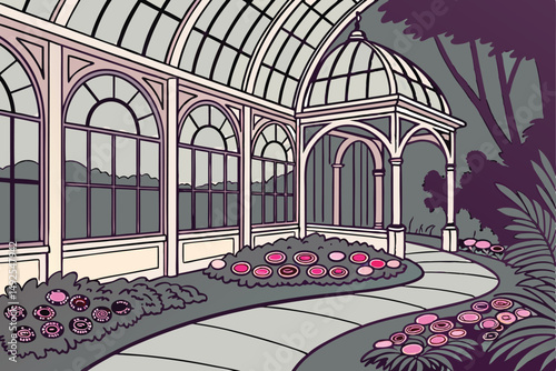 172 victorian conservatory, glass arched roof, ornate interior, beautiful garden architecture, vibrant floral displays, intricate pathway, natural landscape, dramatic lighting, cinematic mood