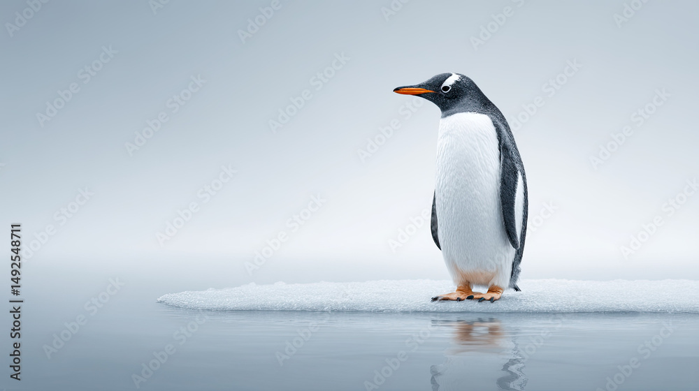 Naklejka premium Solitary penguin stands on ice floe in calm water
