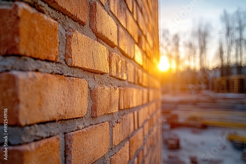 Close-up brick wall at sunset. Construction site blurred background