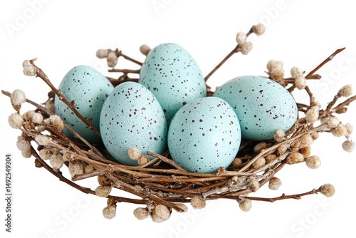 Light blue speckled eggs in a nest