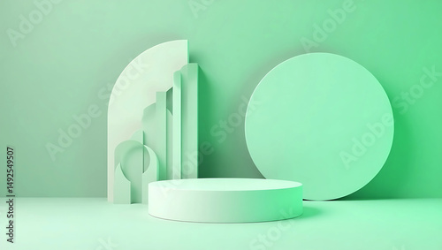 Product podium stage for mockup presentation, Set of green, orang, pink cylinder pedestal podium display, Empty room background. Abstract modern