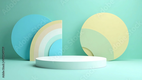 Product podium stage for mockup presentation, Set of green, orang, pink cylinder pedestal podium display, Empty room background. Abstract modern