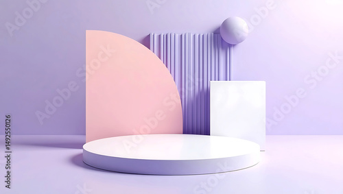 Product podium stage for mockup presentation, Set of green, orang, pink cylinder pedestal podium display, Empty room background. Abstract modern