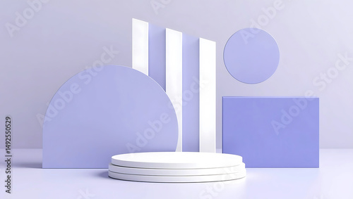 Product podium stage for mockup presentation, Set of green, orang, pink cylinder pedestal podium display, Empty room background. Abstract modern