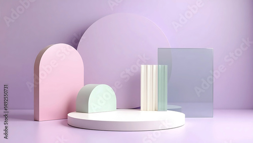 Product podium stage for mockup presentation, Set of green, orang, pink cylinder pedestal podium display, Empty room background. Abstract modern